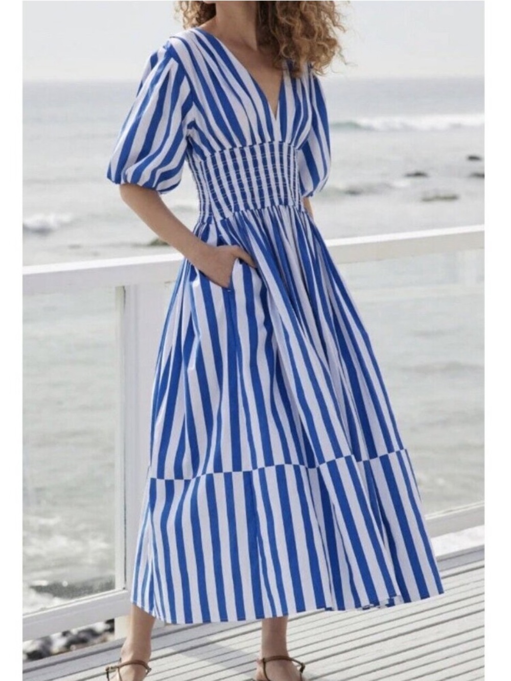 AYR The Extra Extra Puff Sleeve Midi Dress in Marais Blue Regatta Stripe XS - Picture 2 of 16